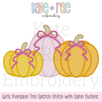 Girl's Fall Pumpkin Trio with Bows Sketch Stitch with Satin Outline Machine Embroidery Design