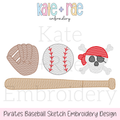 Pirates Baseball Sketch Stitch Embroidery Design: Design preview of a baseball glove, baseball, pirate skull, and bat in sketch stitch