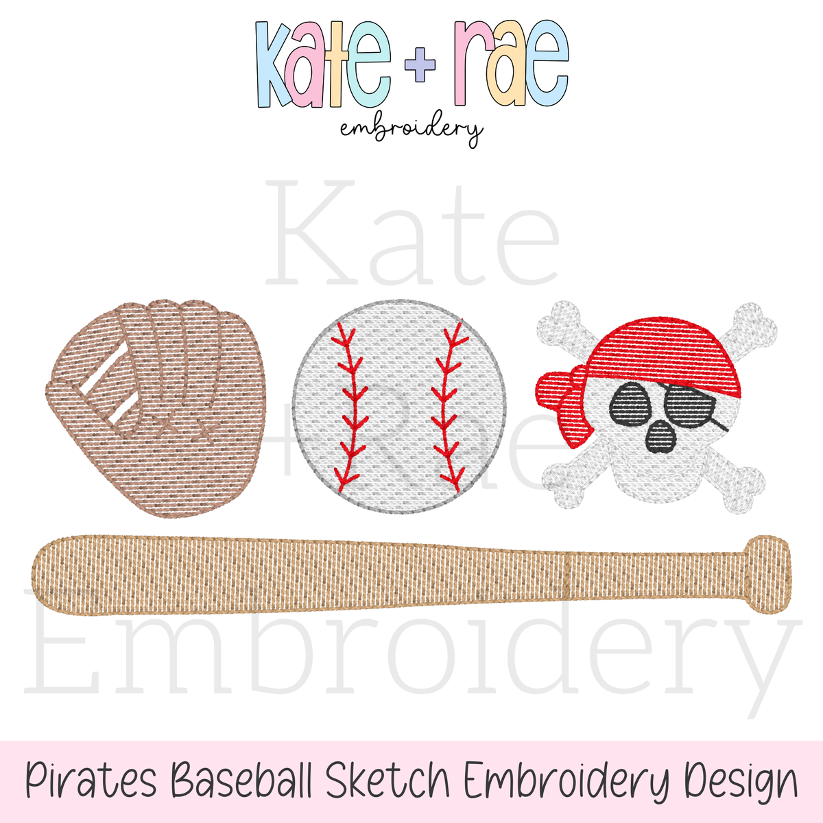 Pirates Baseball Sketch Stitch Embroidery Design: Design preview of a baseball glove, baseball, pirate skull, and bat in sketch stitch