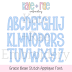 Gracie Bean Stitch Applique Embroidery Font: Uppercase alphabet preview of the Gracie bean stitch applique font in light blue