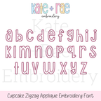 Cupcake Zigzag Stitch Applique Embroidery Font: Lowercase a to z alphabet in pink outlined zigzag applique letters