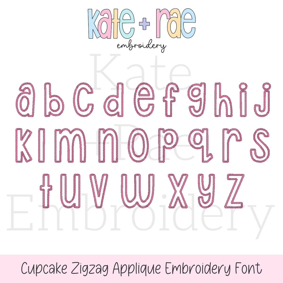 Cupcake Zigzag Stitch Applique Embroidery Font: Lowercase a to z alphabet in pink outlined zigzag applique letters