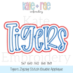 Tigers Double Applique Embroidery Design Bundle: Design preview of the word Tigers in blue with a red zigzag double outline, available in 5x7, 6x10, 7x12, 8x8, and 9x9