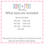 One Half Birthday Bean Stitch Applique Embroidery Design: Size chart showing sizes 3in to 6in tall in half inch steps