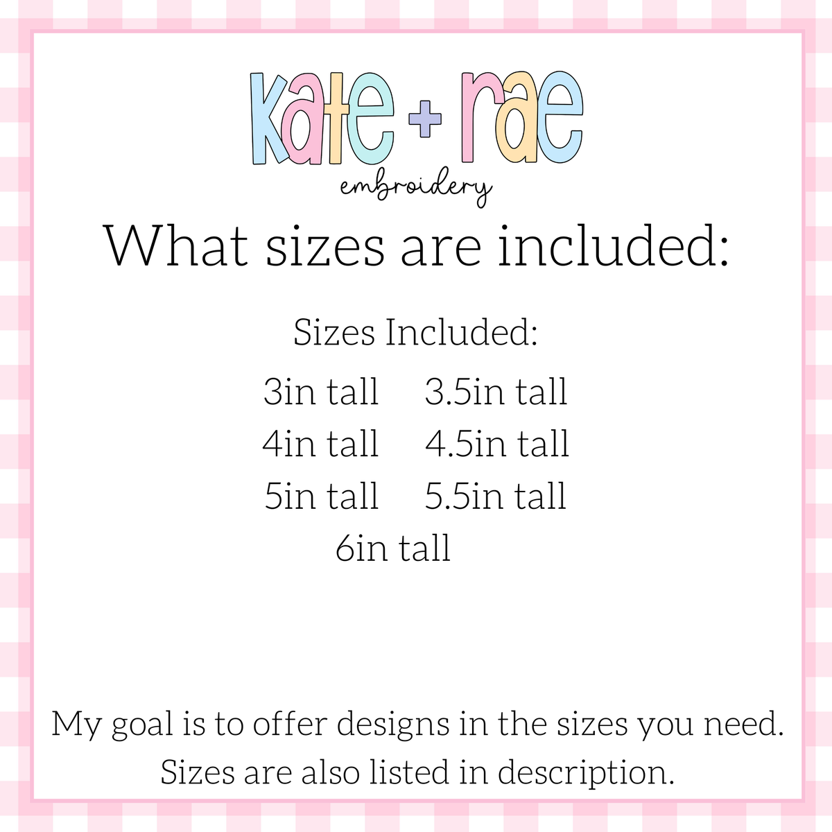 One Half Birthday Bean Stitch Applique Embroidery Design: Size chart showing sizes 3in to 6in tall in half inch steps