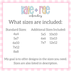 Merritt Bow Bean Stitch Applique Embroidery Design: Size chart showing standard sizes 4x4 to 8x8 plus additional sizes 5x5 to 12x12