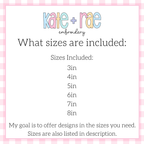 Oval Monogram Frame with Bow Satin Stitch Embroidery Design: Size chart showing sizes 3in, 4in, 5in, 6in, 7in, and 8in