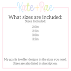 Cross Stitch Mini Cross with Bow Embroidery Design: Size chart showing sizes 2.0in, 2.5in, 3.0in, and 3.5in