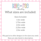 Butterfly Mini Fill Stitch Embroidery Design: Size chart showing sizes 1.5in, 1.75in, 2.0in, 2.25in, and 2.5in wide
