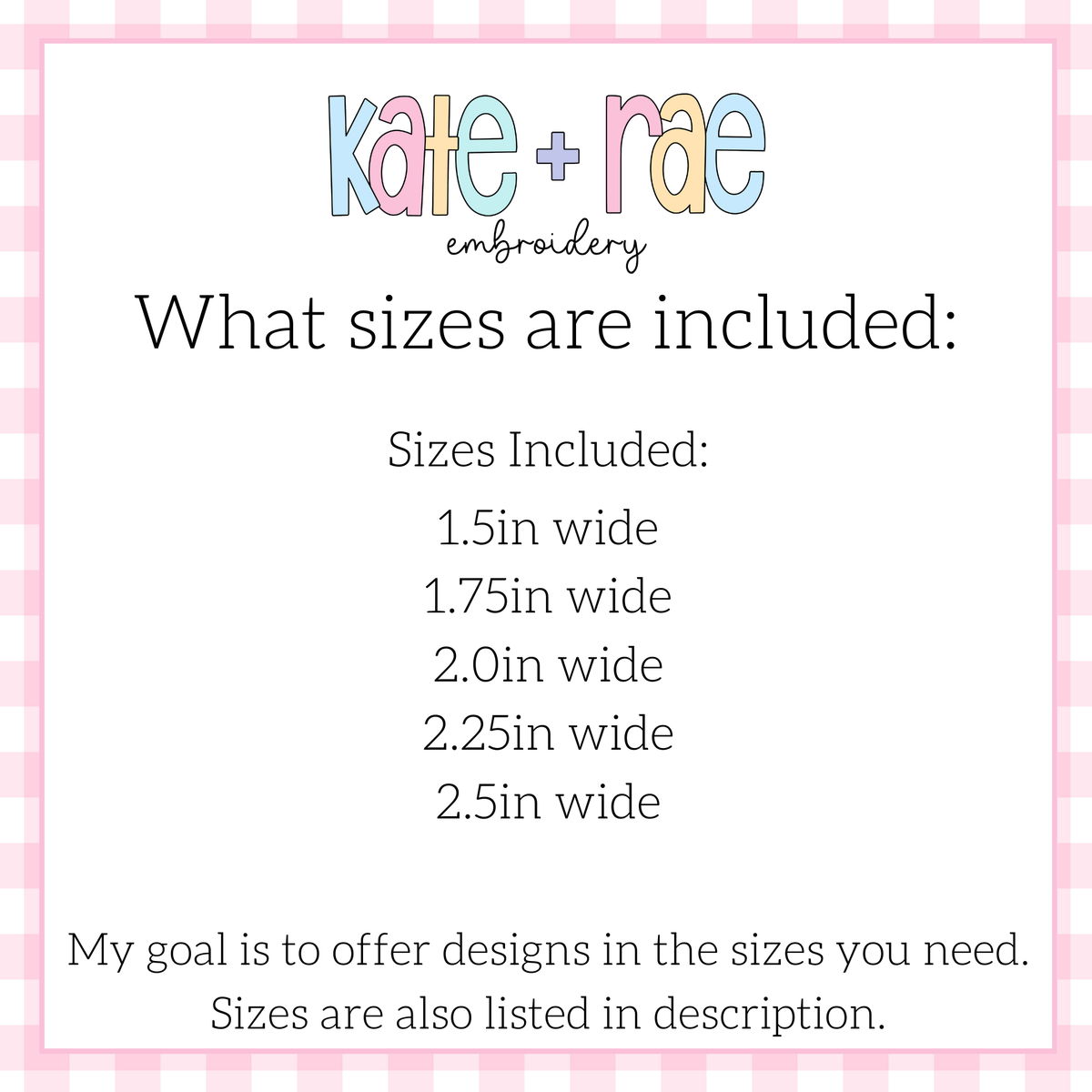 Butterfly Mini Fill Stitch Embroidery Design: Size chart showing sizes 1.5in, 1.75in, 2.0in, 2.25in, and 2.5in wide