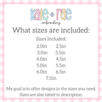 Flowy Bow 3D Puff Satin Stitch Embroidery Design: Size chart showing sizes 2.0in to 7.0in in half inch steps