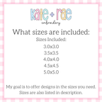 ITH Scalloped Bow Bag Tag Double Bean Stitch Applique Embroidery Design: Size chart showing bag tag sizes 3.0x3.0 to 5.0x5.0 inches