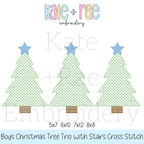 Boys Cross Stitch Christmas Tree Trio Sketch Stitch Embroidery Design: Design preview of three green cross stitch Christmas trees with blue stars, available in 5x7, 6x10, 7x12, and 8x8