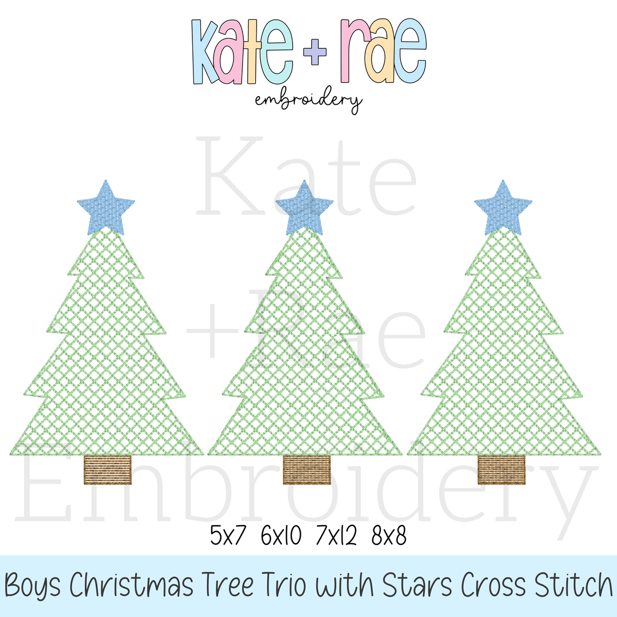 Boys Cross Stitch Christmas Tree Trio Sketch Stitch Embroidery Design: Design preview of three green cross stitch Christmas trees with blue stars, available in 5x7, 6x10, 7x12, and 8x8