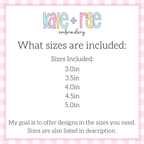 1st Birthday Smash Cake with Bow Sketch Stitch Embroidery Design: Size chart showing sizes 3.0in, 3.5in, 4.0in, 4.5in, and 5.0in