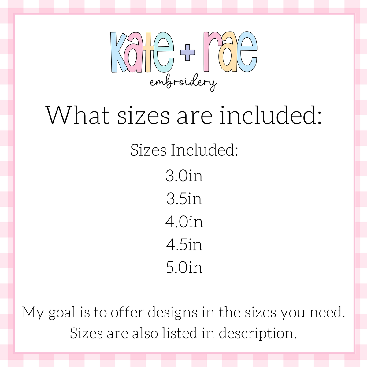 1st Birthday Smash Cake with Bow Sketch Stitch Embroidery Design: Size chart showing sizes 3.0in, 3.5in, 4.0in, 4.5in, and 5.0in