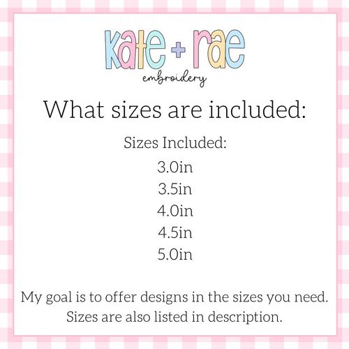 1st Birthday Smash Cake with Bow Sketch Stitch Embroidery Design: Size chart showing sizes 3.0in, 3.5in, 4.0in, 4.5in, and 5.0in