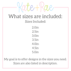 Present/ Gift with Big Bow Mini Fill Embroidery Design: Size chart showing sizes 2.0in to 5.0in in half inch steps