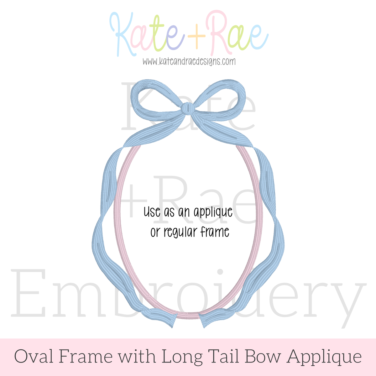 Oval Monogram Frame with Long Tail Bow Satin Applique Embroidery Design: Design preview of an oval frame with long tail bow, usable as an applique or regular frame