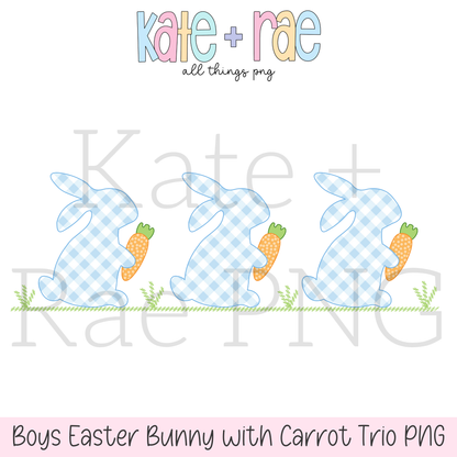 Boy's Blue Gingham Easter Bunny Trio with Carrots Faux Applique PNG
