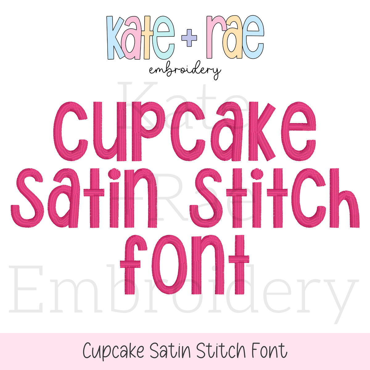 Cupcake Satin Stitch Embroidery Font: Font preview reading Cupcake Satin Stitch Font in hot pink
