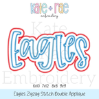 Eagles Double Applique Embroidery Design Bundle: Design preview of the word Eagles in blue script with a red zigzag double outline, available in 6x10, 7x12, 8x8, and 9x9