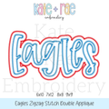 Eagles Zigzag Stitch Double Applique Embroidery Design: Design preview of the word Eagles in blue script with a red zigzag double outline, available in 6x10, 7x12, 8x8, and 9x9