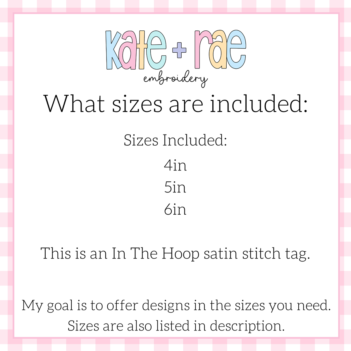 Carrot Easter Basket Tag Satin Stitch Applique Embroidery Design: Size chart showing in the hoop satin stitch tag sizes 4in, 5in, and 6in