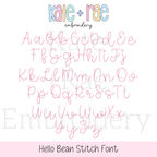 Hello Bean Stitch Embroidery Font: Upper and lowercase alphabet in a thin pink bean stitch script font