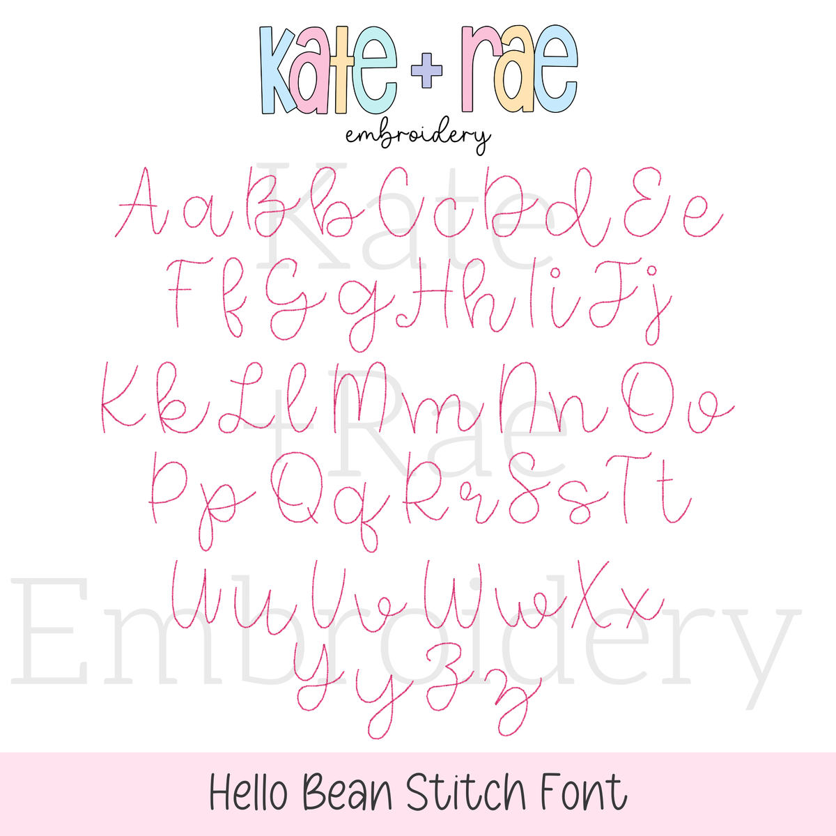 Hello Bean Stitch Embroidery Font: Upper and lowercase alphabet in a thin pink bean stitch script font
