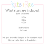 Oval Satin Stitch Bag Tag/ Keychain In The Hoop Embroidery Design: Size chart showing sizes 3.0in, 3.5in, and 4.0in with instructions included
