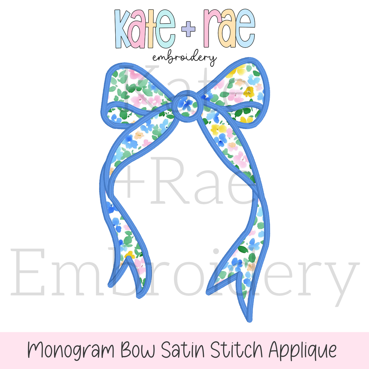 Longtail Bow Satin Stitch Applique Embroidery Design: Design preview of a blue floral longtail bow satin stitch applique