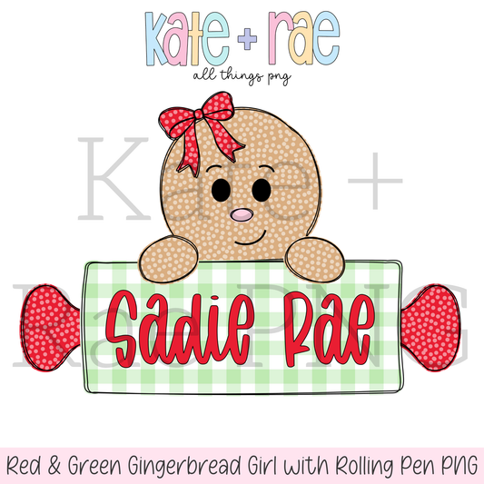 Girl's Red and Green Gingerbread Girl with Rolling Pen Name Plate PNG