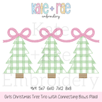 Girls Plaid Christmas Tree Trio with Connecting Bows Sketch Stitch Embroidery Design: Design preview of three green plaid Christmas trees linked by pink bows, available in 4x4, 5x7, 6x10, 7x12, and 8x8