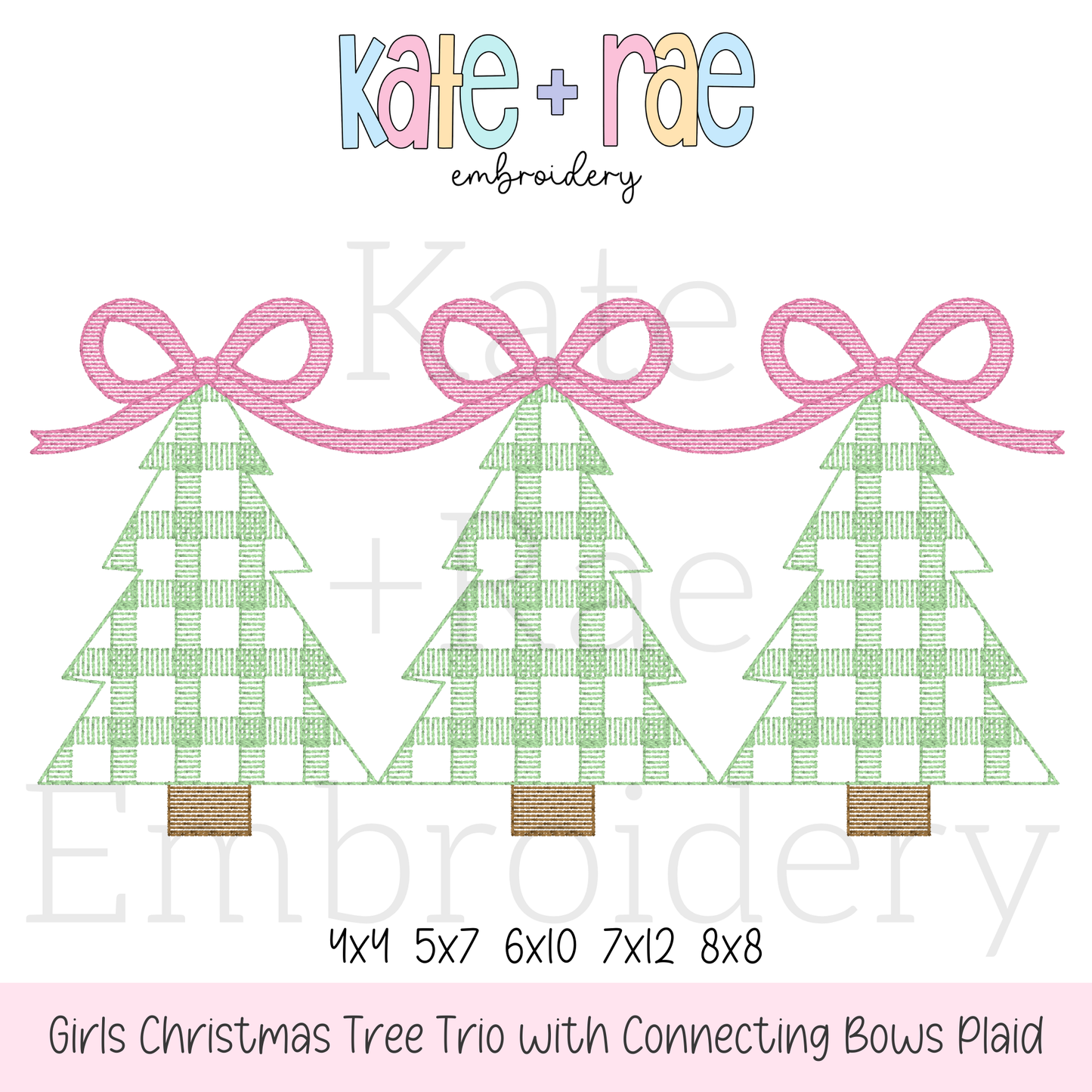 Girls Plaid Christmas Tree Trio with Connecting Bows Sketch Stitch Embroidery Design