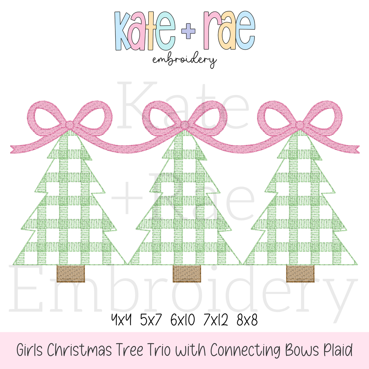 Girls Plaid Christmas Tree Trio with Connecting Bows Sketch Stitch Embroidery Design: Design preview of three green plaid Christmas trees linked by pink bows, available in 4x4, 5x7, 6x10, 7x12, and 8x8