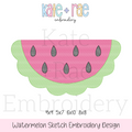 Watermelon Sketch Stitch Embroidery Design: Design preview of a pink sketch stitch watermelon slice with a scalloped green rind, available in 4x4, 5x7, 6x10, and 8x8
