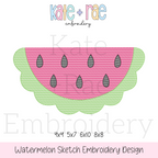 Watermelon Sketch Stitch Embroidery Design: Design preview of a pink sketch stitch watermelon slice with a scalloped green rind, available in 4x4, 5x7, 6x10, and 8x8