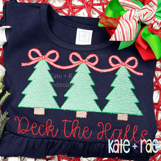 Girls Christmas Tree Trio with Connecting Bows Sketch Stitch Embroidery Design