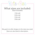Mini Tulip Cross Stitch Embroidery Design: Size chart showing sizes 1.5in, 2.0in, 2.5in, and 3.0in tall