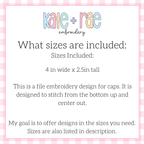Eagles Hat Embroidery Design: Size chart showing a 4in wide by 2.5in tall cap design stitched from the bottom up and center out