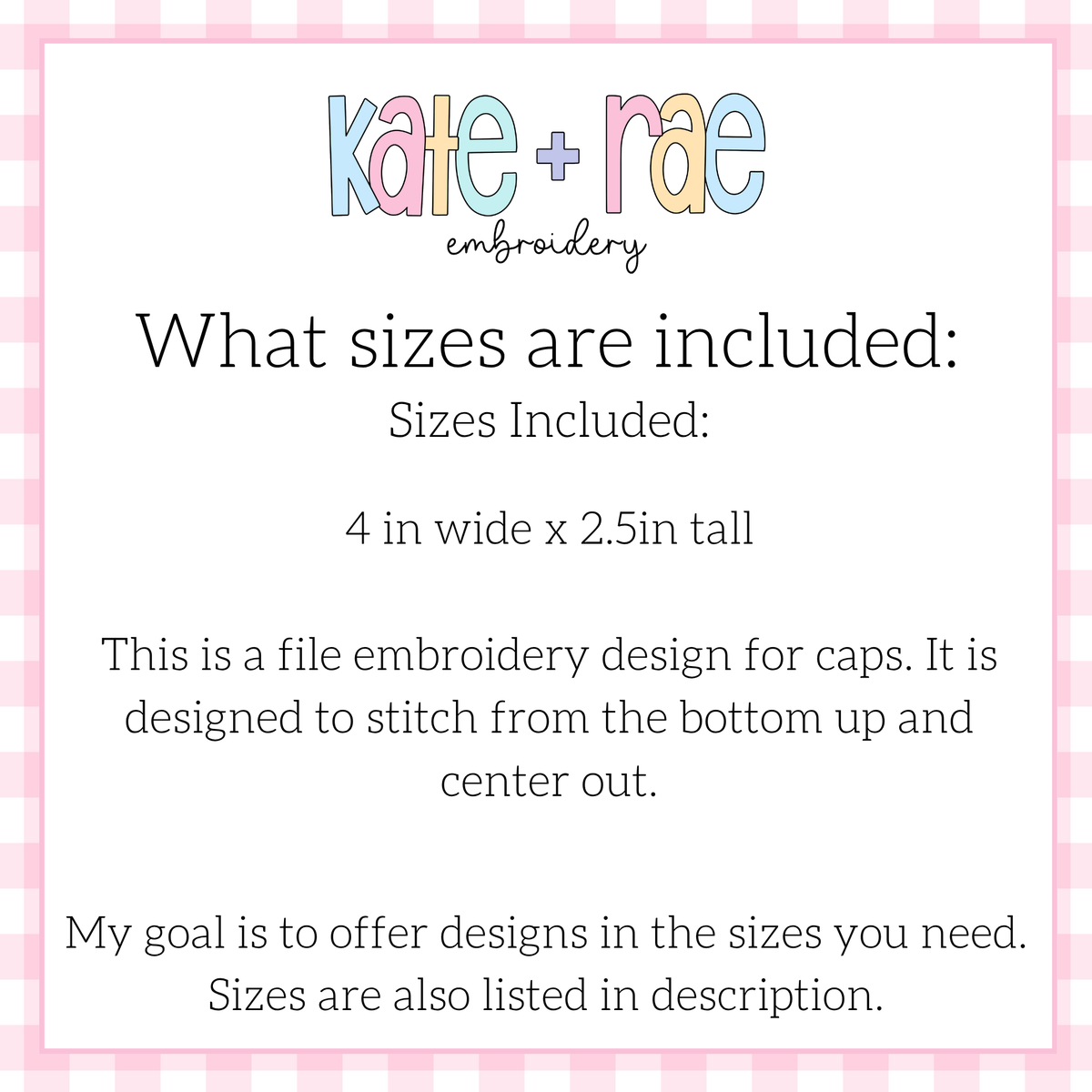 Eagles Hat Embroidery Design: Size chart showing a 4in wide by 2.5in tall cap design stitched from the bottom up and center out
