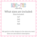Girl's Back to School Notebook Zigzag Applique Embroidery Design: Size chart showing the included sizes 5x7, 6x6, 7x7, and 8x8
