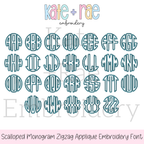 Scalloped Monogram Zigzag Stitch Applique Embroidery Font: Full set of circle scalloped monogram letters A to Z in teal outline
