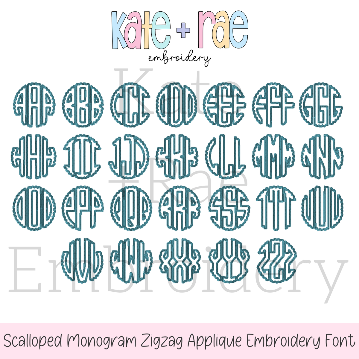 Scalloped Monogram Zigzag Stitch Applique Embroidery Font: Full set of circle scalloped monogram letters A to Z in teal outline