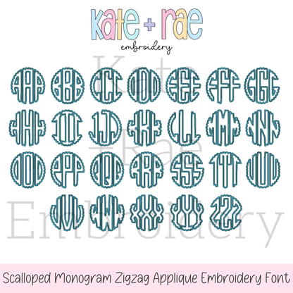Scalloped Monogram Zigzag Stitch Applique Font Embroidery Design