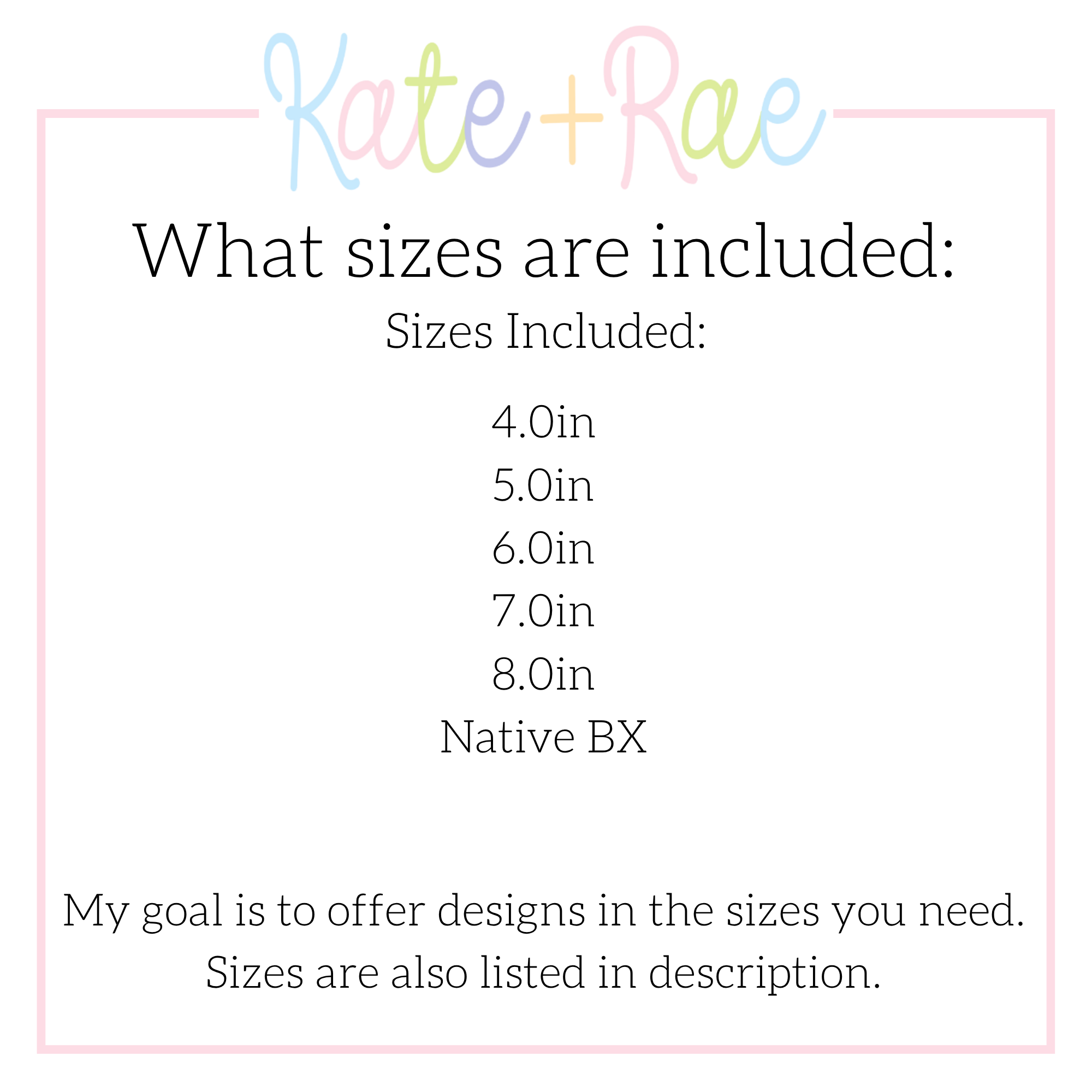 Birthday Numbers Satin Stitch Applique Embroidery Design: Size chart showing 4 to 8 inch sizes plus a native BX file