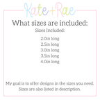 Airplane Mini Fill Stitch Embroidery Design: Size chart showing sizes 2.0in, 2.5in, 3.0in, 3.5in, and 4.0in long