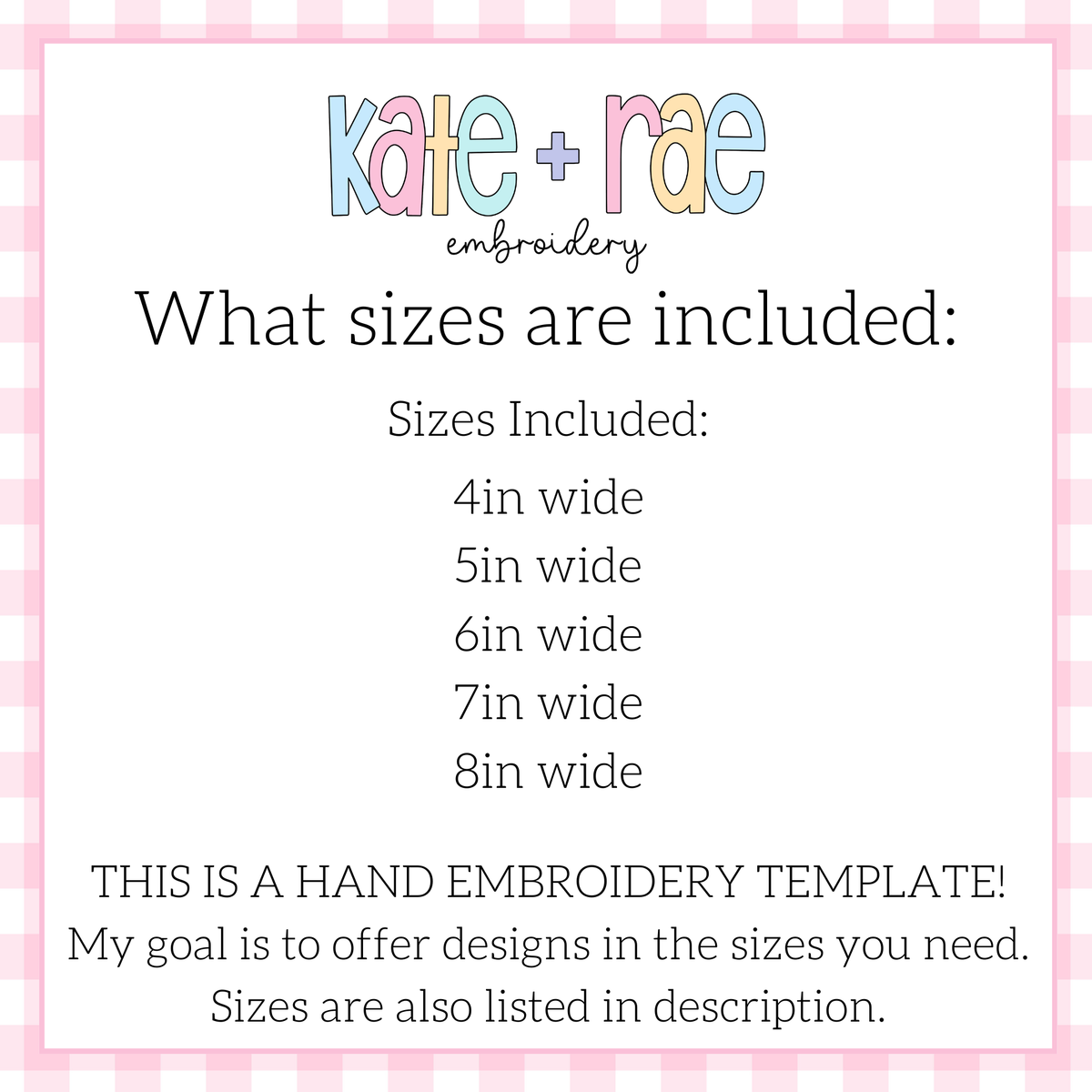 Baseball / Softball Trio Hand Embroidery PDF Pattern: Size chart showing hand embroidery template sizes 4in, 5in, 6in, 7in, and 8in wide