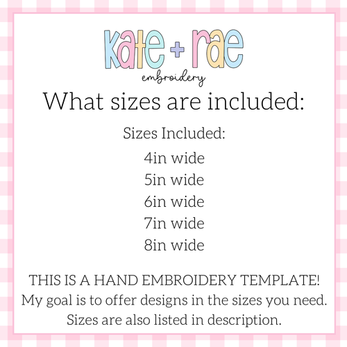 Baseball / Softball Trio Hand Embroidery PDF Pattern: Size chart showing hand embroidery template sizes 4in, 5in, 6in, 7in, and 8in wide